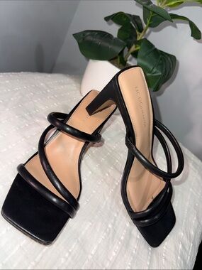 BCBGeneration Black Triple-Strap Square-Toe Heeled Sandals